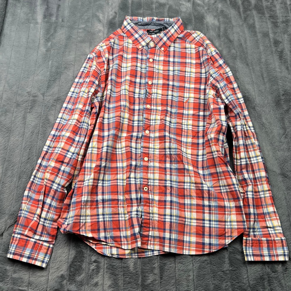 Nautica Mens XXL Classic Fit Stretch Plaid Button Down Shirt Red Blue 14092
